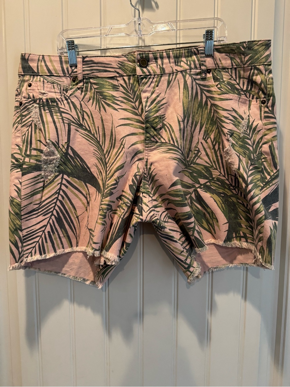 Women’s Pink Tropical Print Distressed Shorts